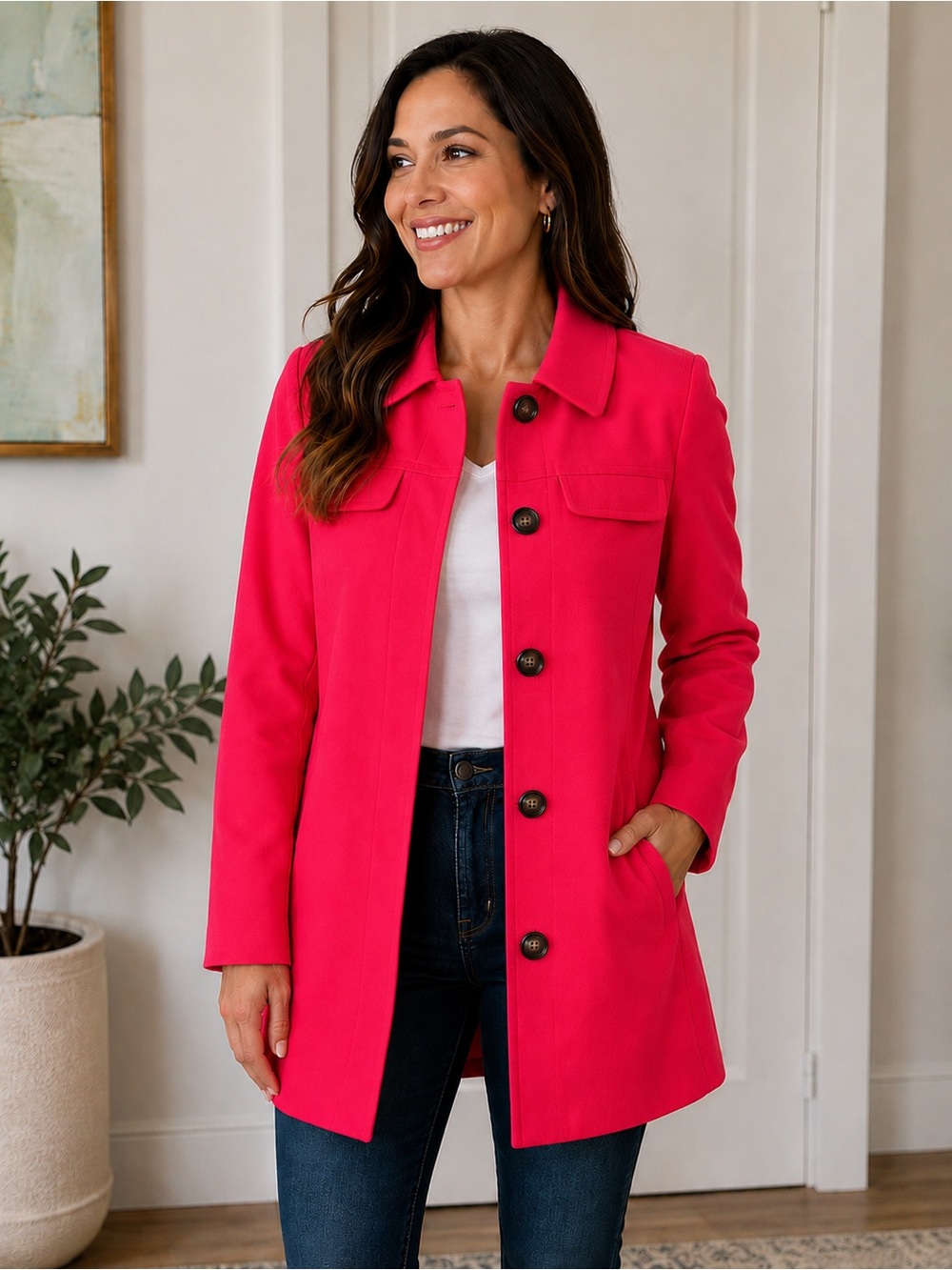 Forever 21 Bright pink Button-Front Pea Coat